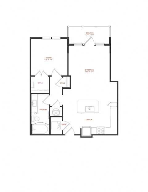 Floor plan for 1 bed, 1 bath, 751 sqft
